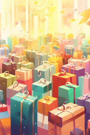 Colorful gift boxes with ribbons and bows, 3d illustrationの素材