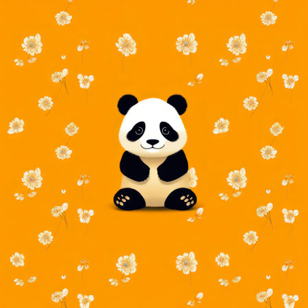 Cute panda with flowers on orange background. vector illustration.の素材