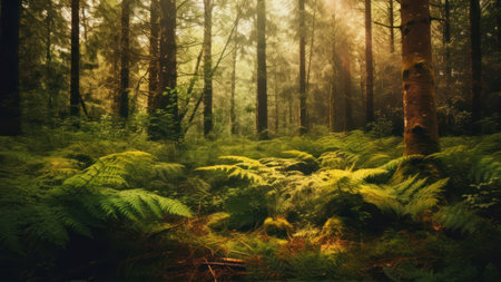 Foggy forest in the morning with trees and fernsの素材