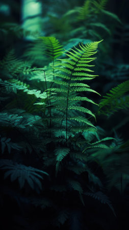 Ferns in the forest. dark tone. selective focus.の素材