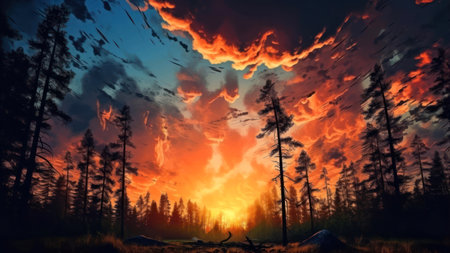 Beautiful sunset over the forest. 3D rendering. computer digital drawing.の素材