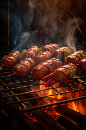 Grilled sausages on the grill with smoke. selective focus.の素材