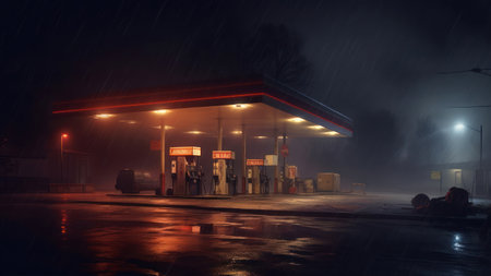 Gas station at night with heavy rain and fog. Nobody inside.の素材