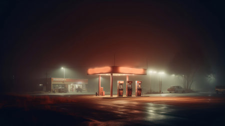 Gas station at night with fog in the background. Toned.の素材