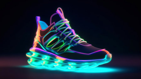 sneakers in neon light on a dark background. 3d renderingの素材
