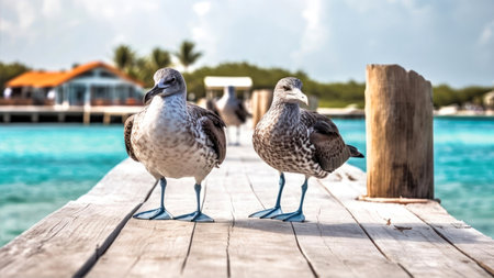 Seagulls on a wooden jetty in Cayo Largo, Cubaの素材