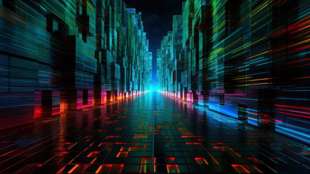 abstract 3d illustration of a futuristic corridor with lights and reflectionsの素材