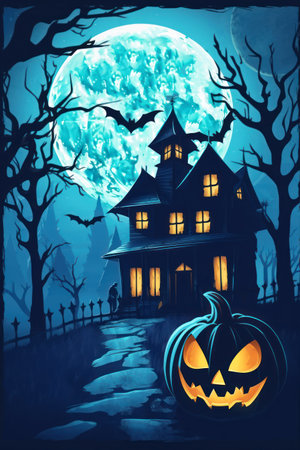 Halloween night background with haunted house and pumpkins. vector illustration.の素材