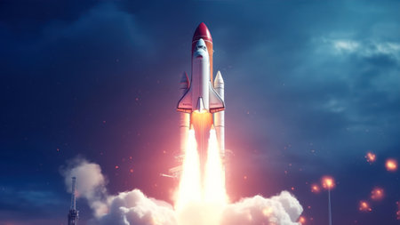 Rocket launch into space. mixed media. mixed media. mixed mediaの素材