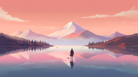 Illustration of a man looking at mountains reflected in a lake.の素材