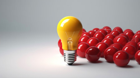 3d render of yellow light bulb among red ones on gray backgroundの素材