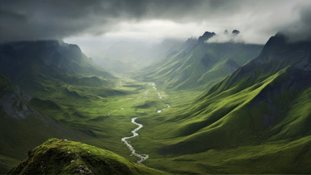 Mountain landscape with clouds and fog in the valley, Caucasus, Russiaの素材