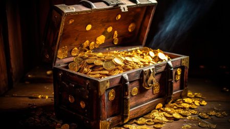 Treasure chest full of gold coins on a dark background with smokeの素材