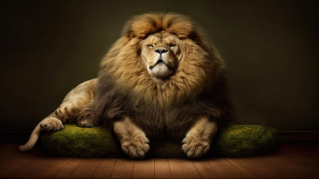 Lion sitting on a green sofa in front of dark background.の素材