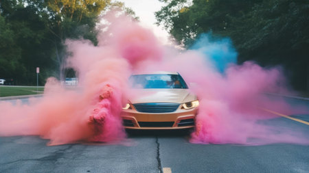 car with colored smoke on the road during the race, fast motionの素材