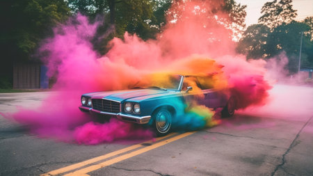 Vintage american car with colorful smoke on the road at sunsetの素材