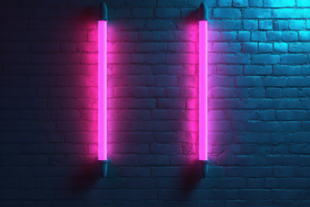 Neon lamps on a brick wall. 3d render illustration.の素材