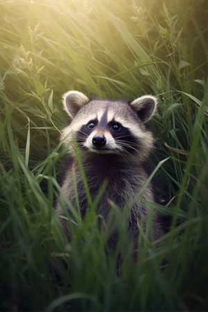 Raccoon sitting in grass looking at camera. animal in nature.の素材