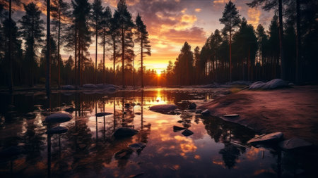 Sunset in the forest with reflection in the water, 3d renderの素材