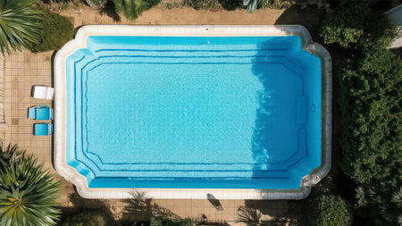 Top view of swimming pool with sunbeds and palm trees.の素材