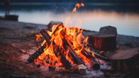 Camping fire on the bank of the riverの素材