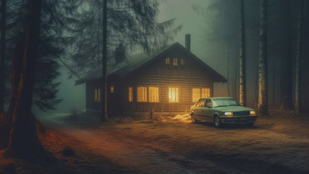 Old car in the forest in a foggy night. 3d renderingの素材