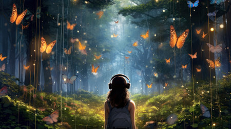 Young woman in the forest listening to music with headphones. mixed mediaの素材