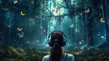 Woman listening to music in the forest. mixed media. mixed mediaの素材