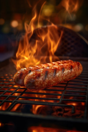 Grilling sausages on a barbecue grill with flames and smokeの素材