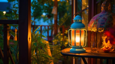 Lantern on the terrace of the house in the eveningの素材