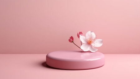 Pink podium with a white flower on a pink background. 3d renderingの素材