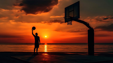 Silhouette of a boy playing basketball on the beach at sunsetの素材
