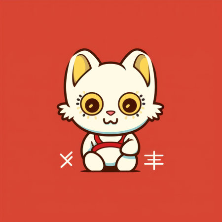 Cute cat cartoon kawaii character on red background. vector illustration.の素材