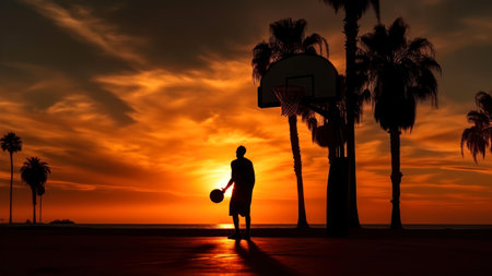 Silhouette of basketball player with ball and hoop on sunset backgroundの素材