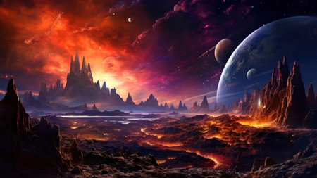 fantasy alien planet. mountain and lake. 3D illustration.の素材