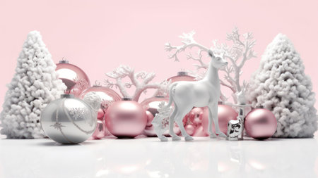 Christmas background with baubles, reindeer and snowflakesの素材