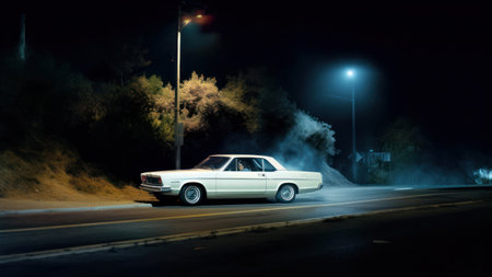 Old car on the road at night with smoke in the air.の素材
