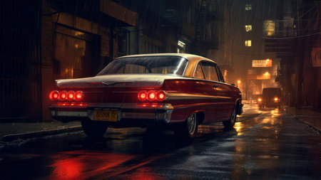 Old car on a wet street at night in a foggy cityの素材
