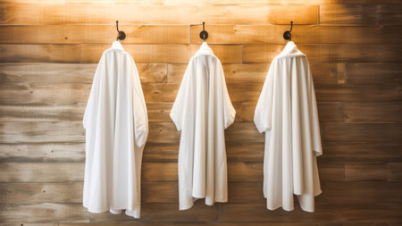 White towel hanging on wooden wall in hotel room. vintage tone.の素材