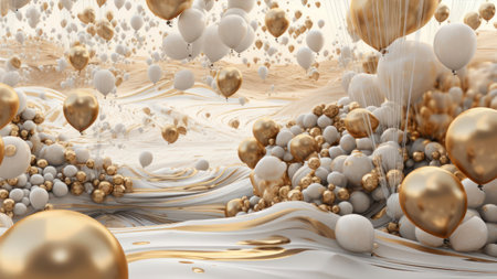 3d render of abstract background with golden and silver balloons and liquid wavesの素材