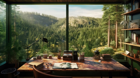 3d rendering of a coffee shop interior with mountains in the backgroundの素材