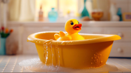 Yellow rubber duckling in bathtub with water drops on blurred backgroundの素材