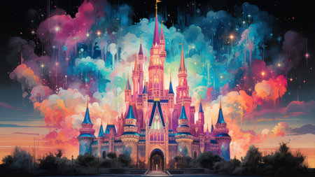 Magic Fairy Tale Landscape with Castle and Fireworks. 3D Renderingの素材