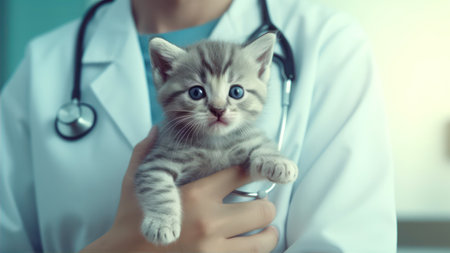 Veterinarian holding a cute kitten in her arms, soft focus backgroundの素材