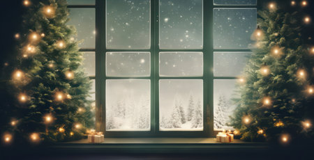 Christmas background with a window, Christmas tree and snowflakes.の素材