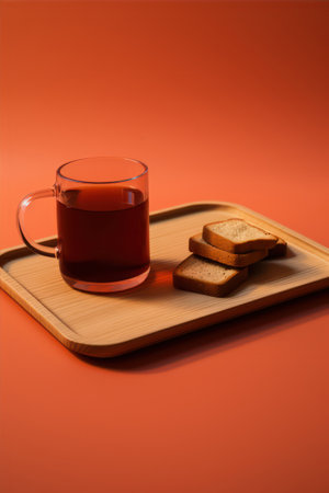Cup of tea and bread on a wooden tray on a orange backgroundの素材
