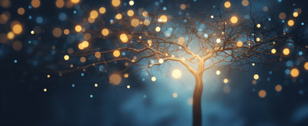 Tree in winter forest with bokeh lights. 3D renderingの素材