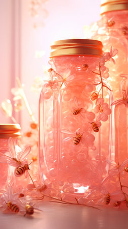 Glass jars with honey and flowers on light background, close-upの素材