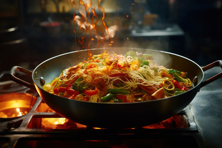 Chinese noodles cooking in a wok pan on a stove in a restaurantの素材
