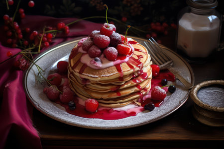 Pancakes with fresh berries and sour cream on a dark backgroundの素材